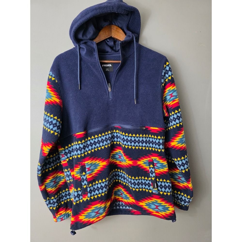 RSQ Mens Southwestern Fleece Hoodie Quarter Zip Aztec Print Navy Blue Small